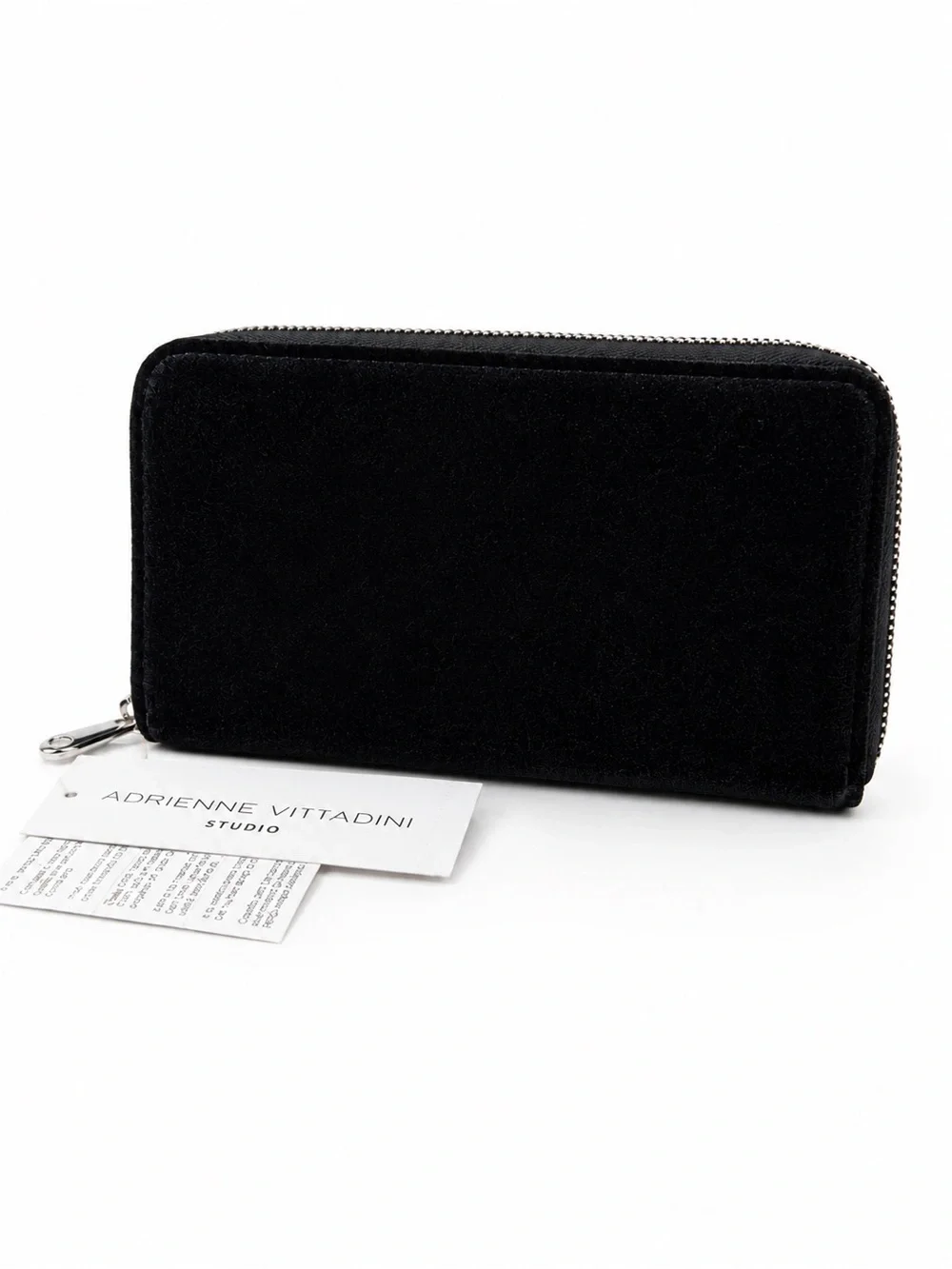 Adrienne Vittadini Black Velvet Zip Wallet with Metal Logo